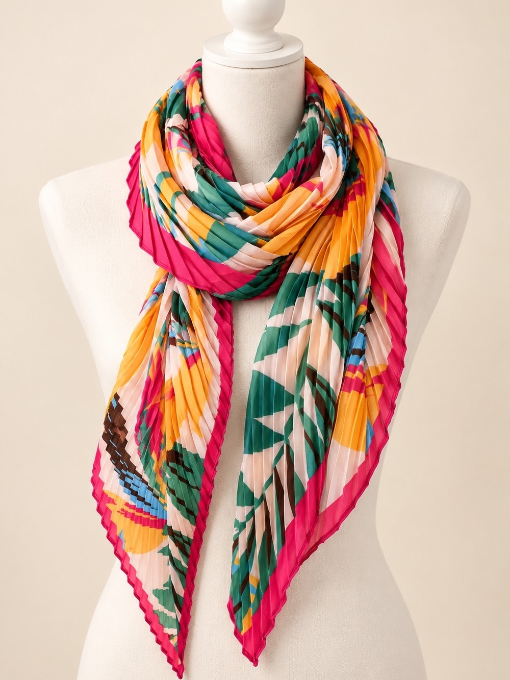 Echo Design Pleated Multicolor Floral Scarf with Pink Edge